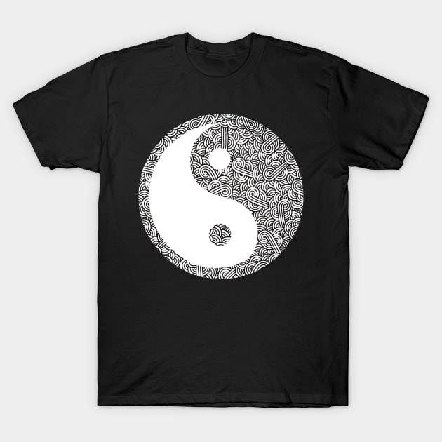 Black and white swirls doodles Yin Yang T-Shirt by Savousepate